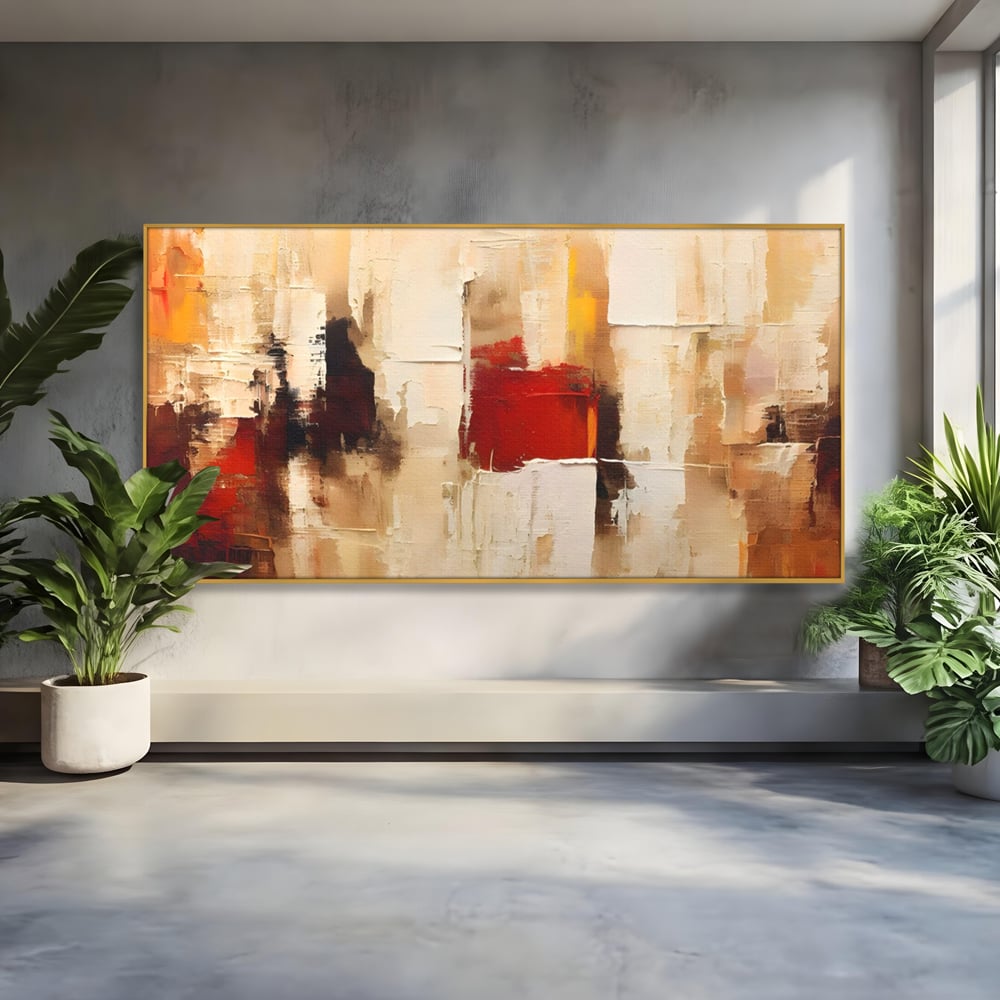 Tablou canvas cu pictura abstracta cu pete de rosu si bej, in rama de aluminiu auriu